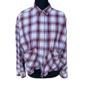 Zara Woman Premium Denim Collection Plaid Shirt Crop Distressed Frayed Med